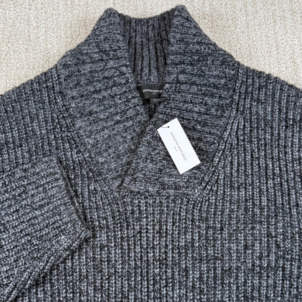 NEW Banana Republic Mens 2XL Gray Ribbed Shawl Collar Knit Pullover Sweater